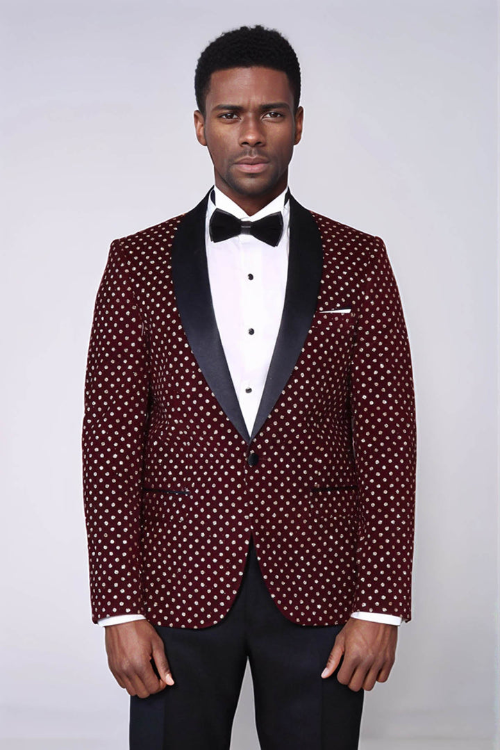 Blazer de graduación para hombre con estampado de lunares y corte slim en color burdeos - Wessi