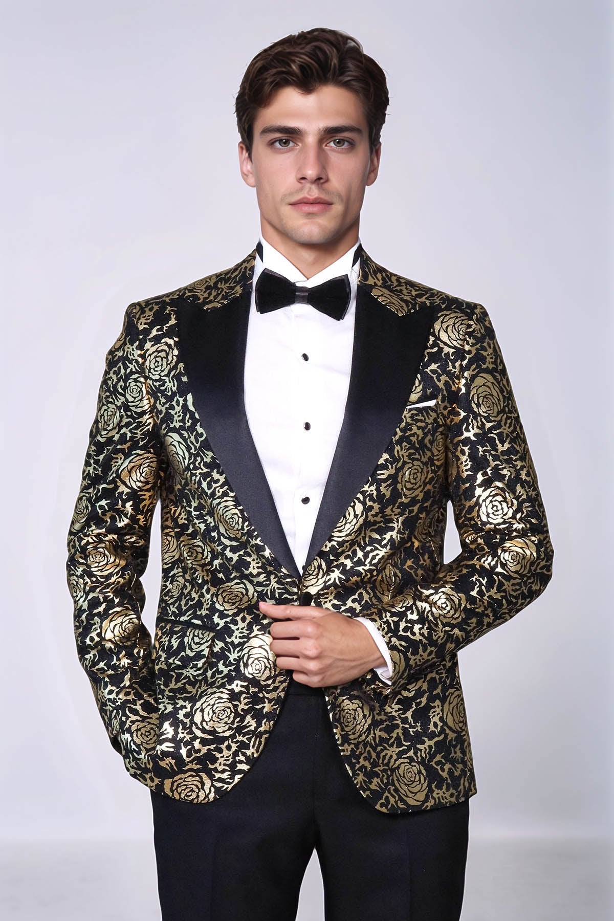 Gold Rose Patterned Slim Fit Black Men Singer Tuxedo Blazer | Wessi Wessi - Discover Diversity Gold Rose Patterned Slim Fit Black Men Singer Tuxedo Blazer | Wessi Wessi - Discover Diversity