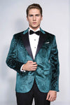 Floral Patterned Velvet Green Men Evening Jacket - Wessi