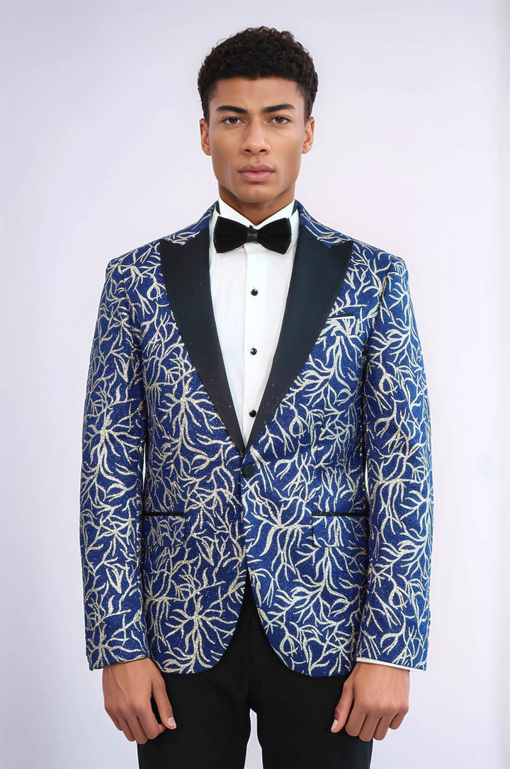 Blazer de bal bleu coupe slim à motifs de lierre scintillant pour hommes - Wessi
