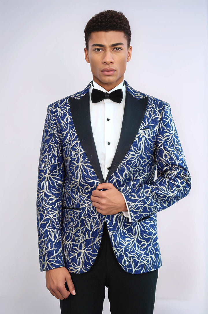 Blazer de bal bleu coupe slim à motifs de lierre scintillant pour hommes - Wessi