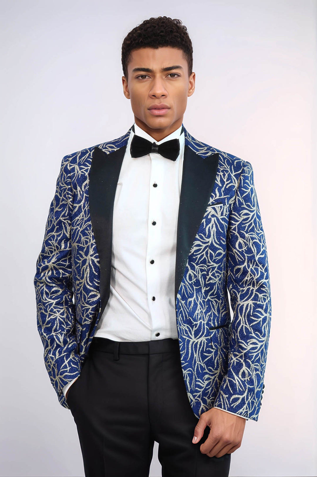 Blazer de bal bleu coupe slim à motifs de lierre scintillant pour hommes - Wessi