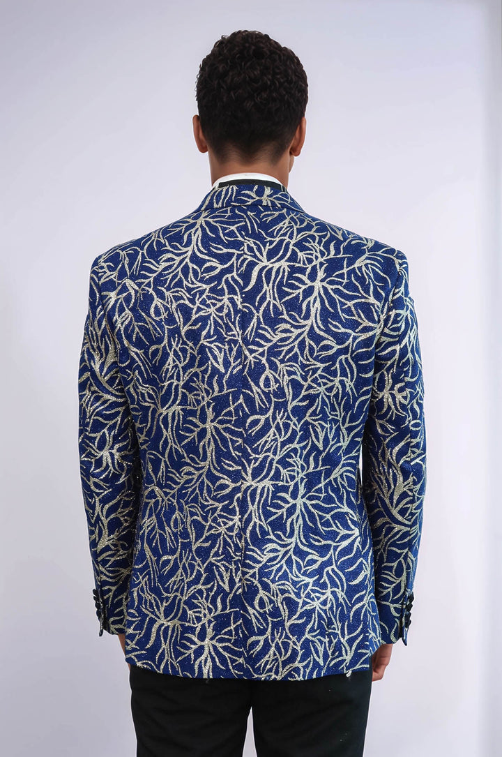 Blazer de bal bleu coupe slim à motifs de lierre scintillant pour hommes - Wessi