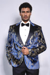Peak Lapel Slim Fit Gold Patterned Navy Blue Men Party Blazer