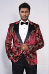 Peak Lapel Slim Fit Gold Patterned Burgundy Men Party Blazer - Wessi