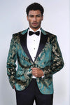 Peak Lapel Slim Fit Gold Patterned Green Men Prom Party Blazer