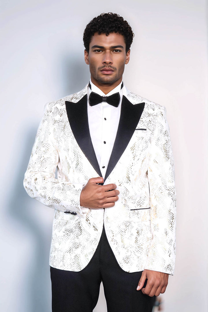 Peak Lapel Slim Fit Gold Patterned White Men Dinner Jacket - Wessi