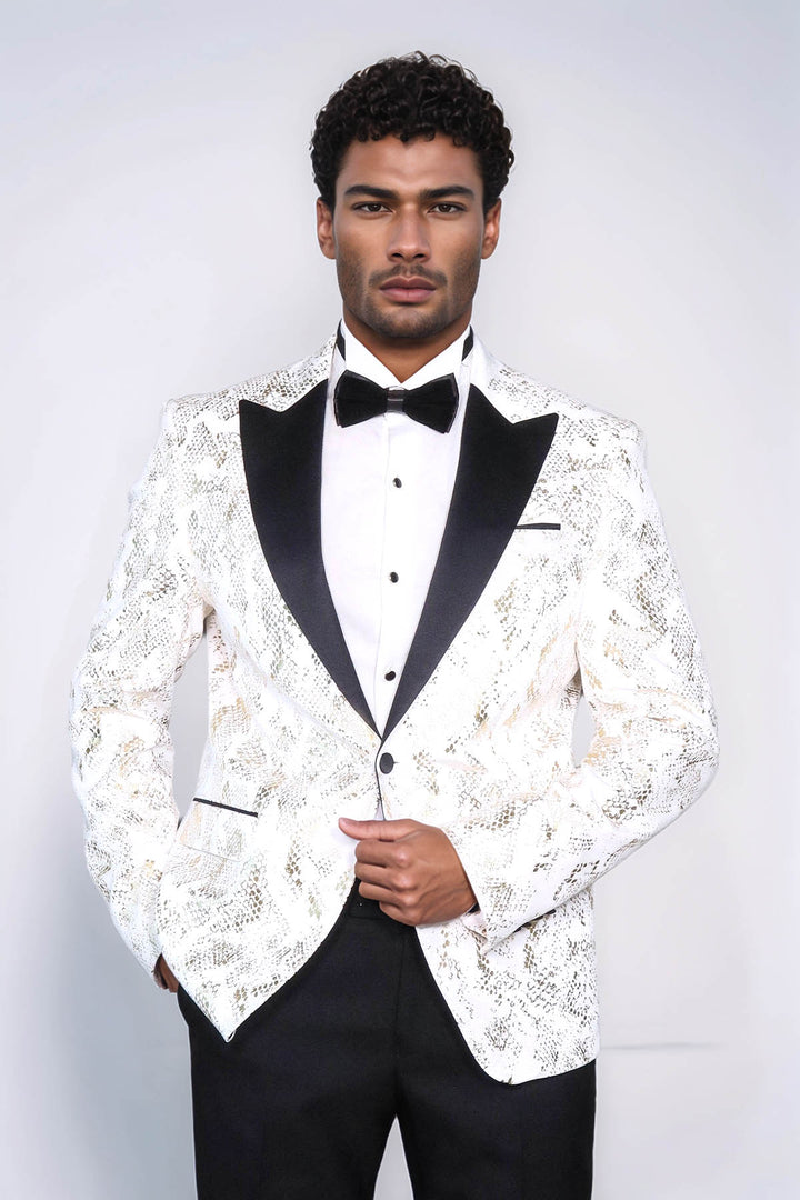 Peak Lapel Slim Fit Gold Patterned White Men Dinner Jacket - Wessi