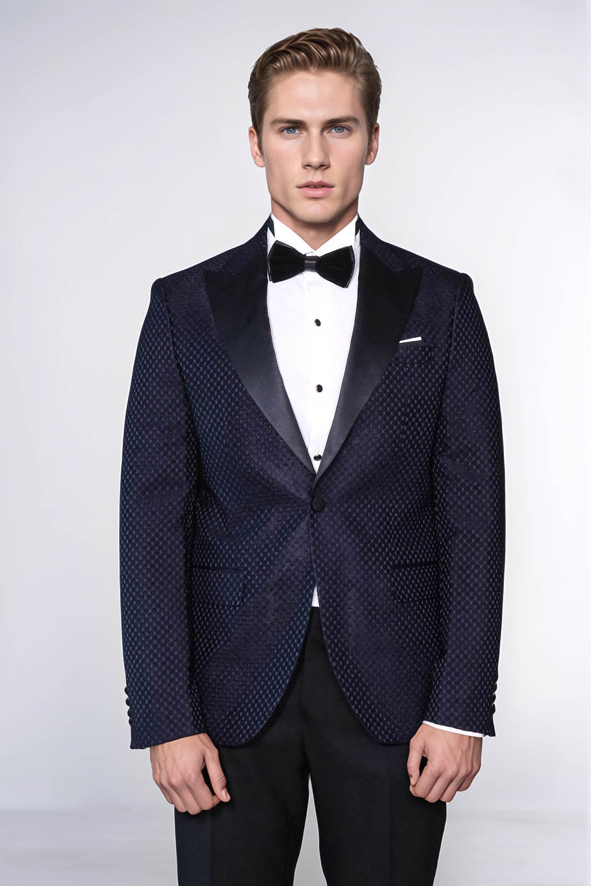 Mens Vested Wool Tuxedo in Shawl Lapel with Satin Trim in Sapphire Blue & Black