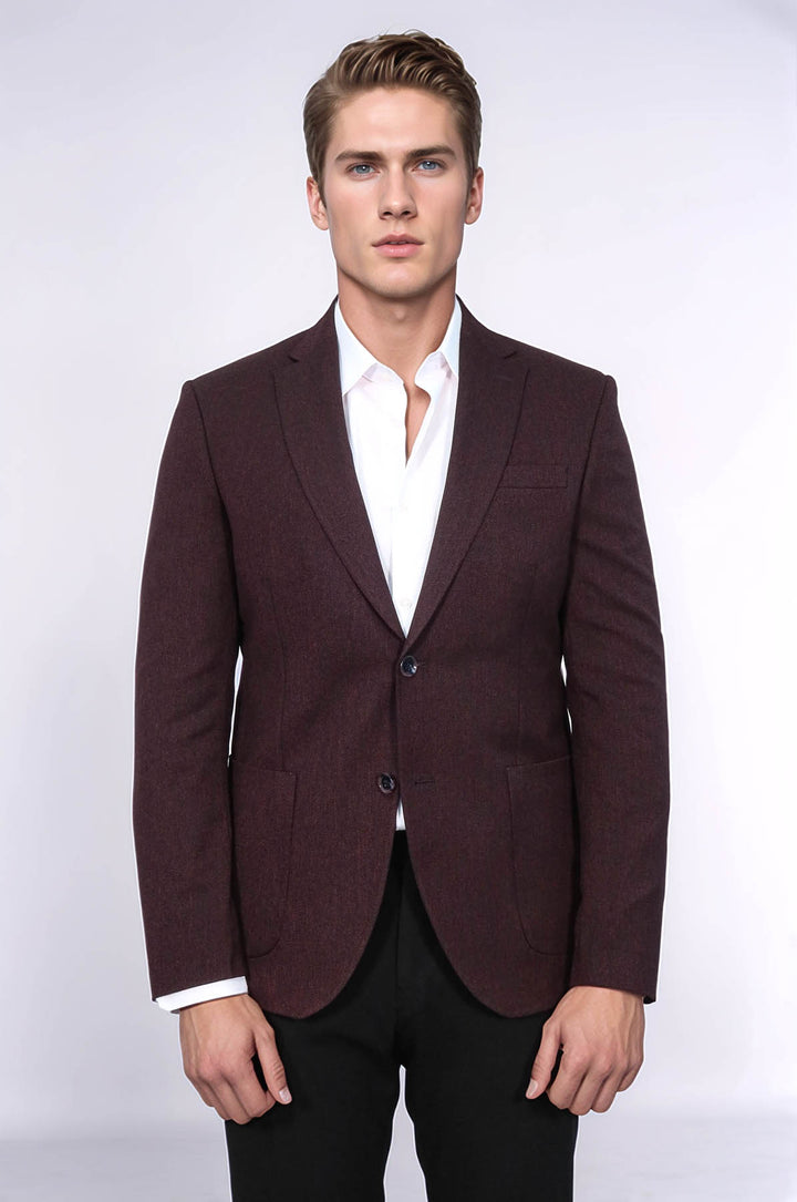 Textured Slim Fit Peak Lapel Burgundy Men Blazer - Wessi