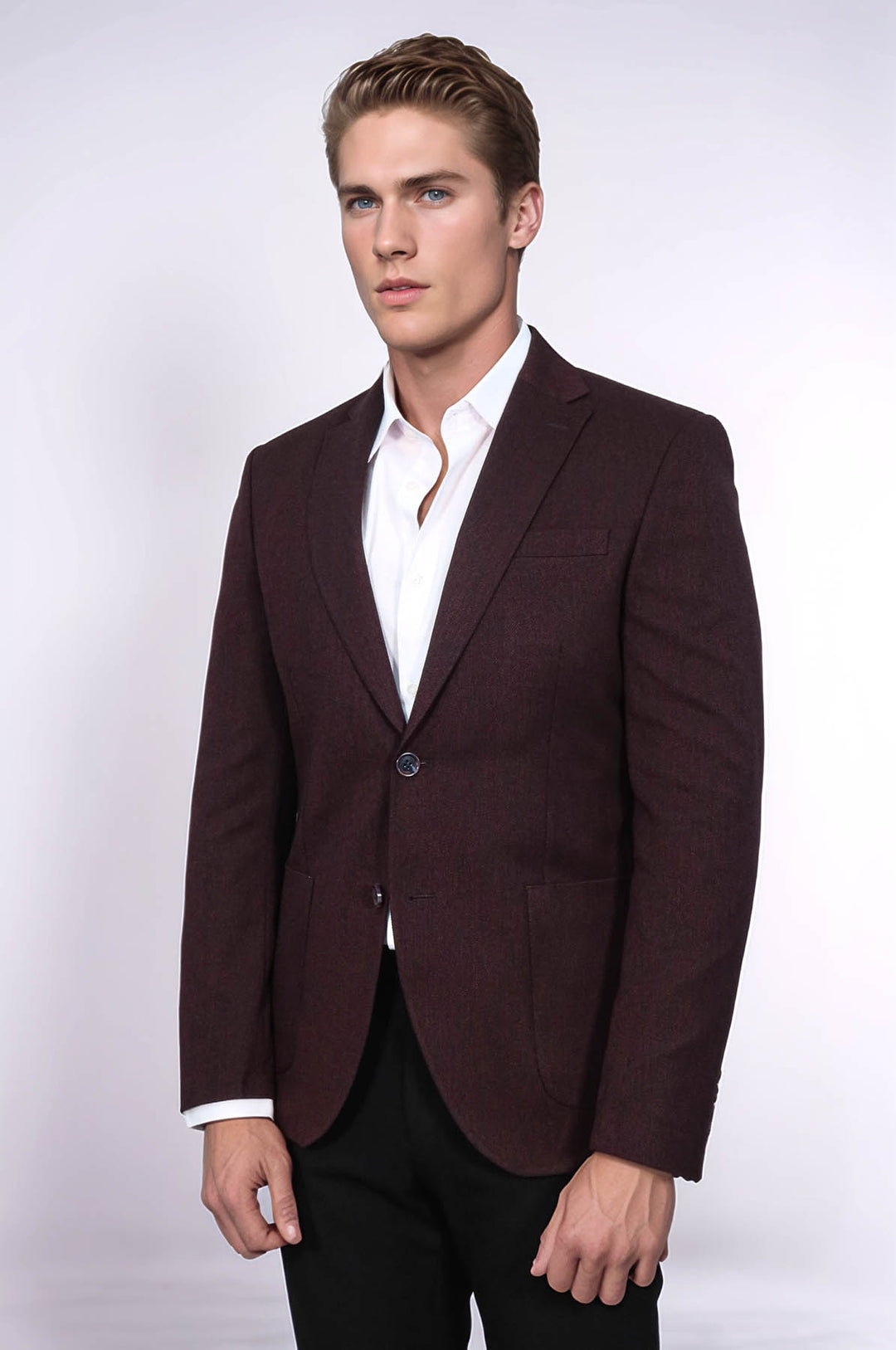 Textured Slim Fit Peak Lapel Burgundy Men Blazer - Wessi