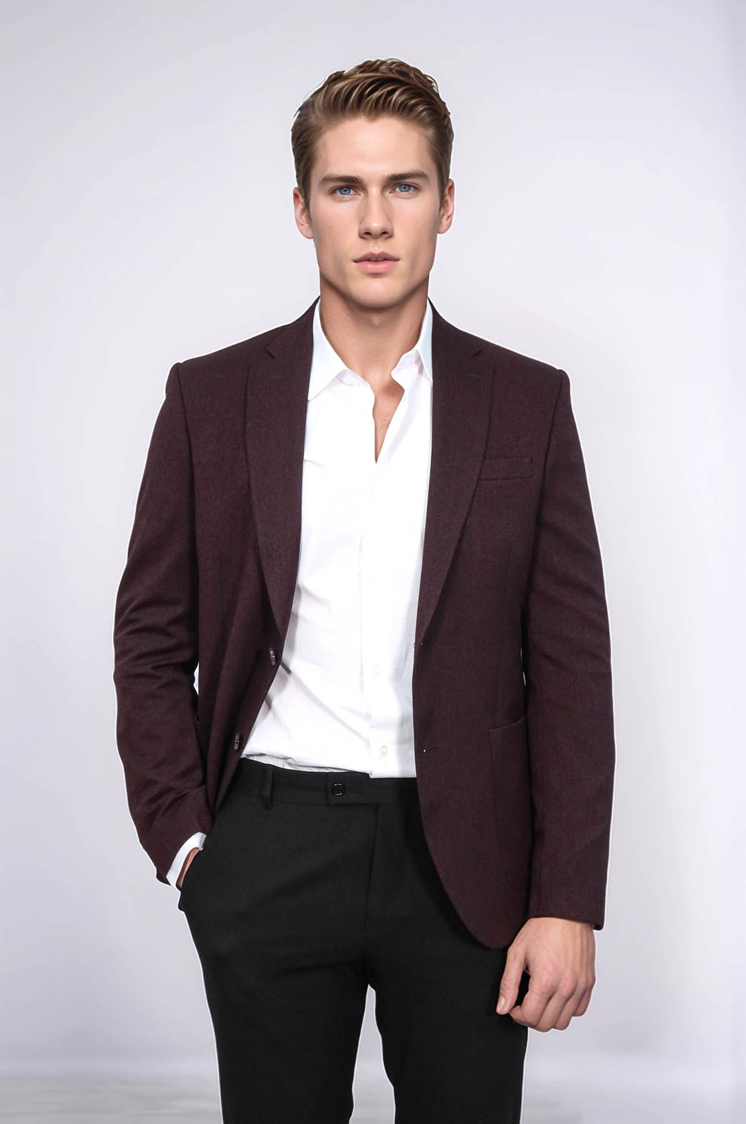 Textured Slim Fit Peak Lapel Burgundy Men Blazer - Wessi