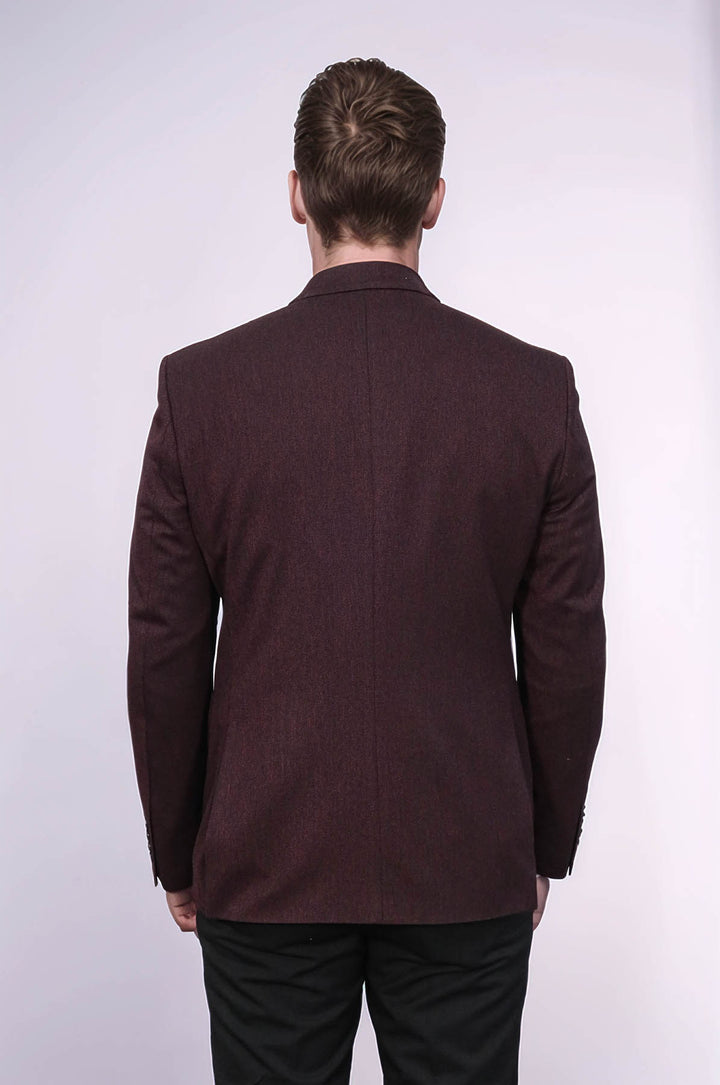 Textured Slim Fit Peak Lapel Burgundy Men Blazer - Wessi