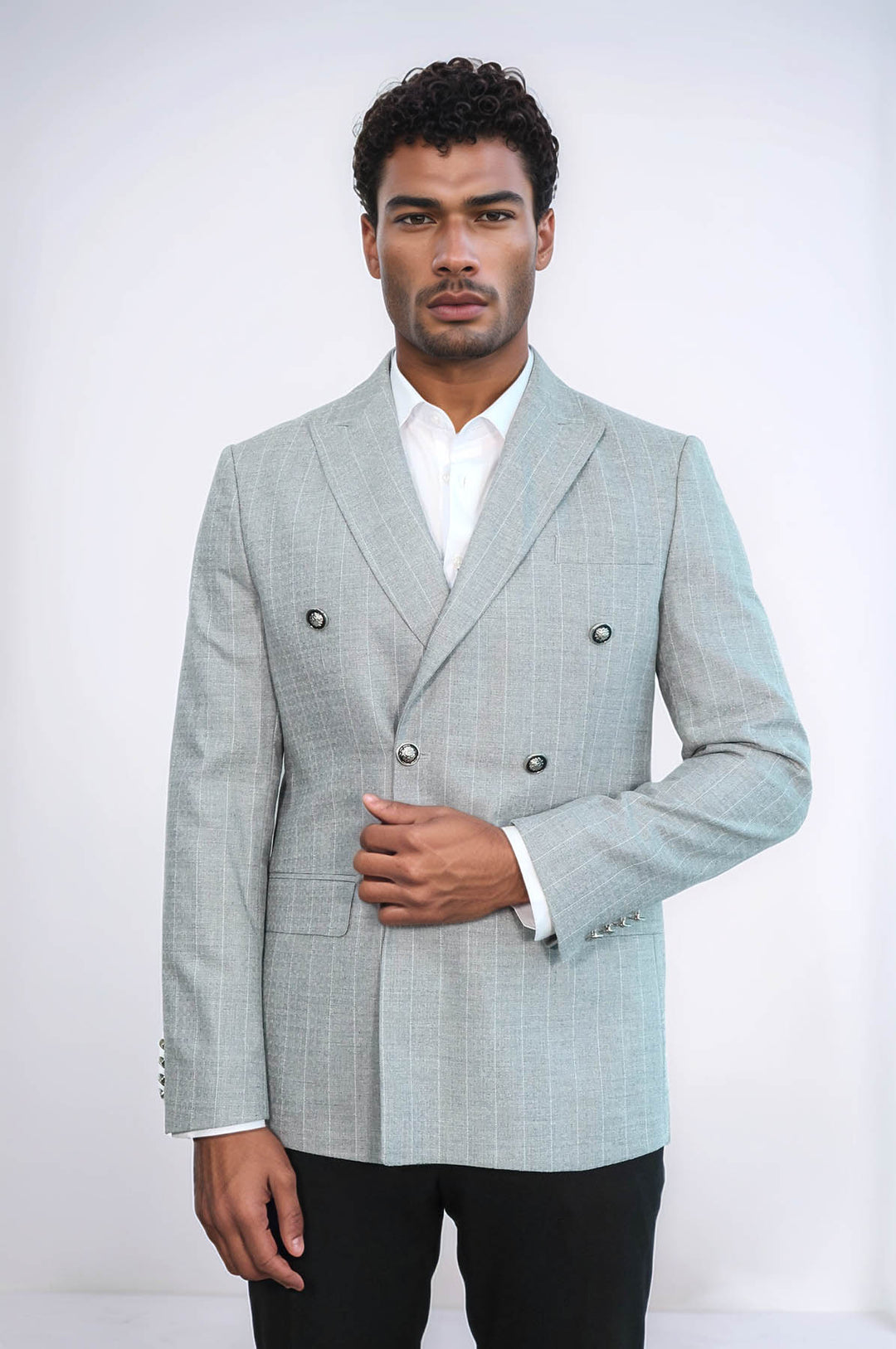 Blazer da uomo grigio a righe slim fit doppio petto - Wessi