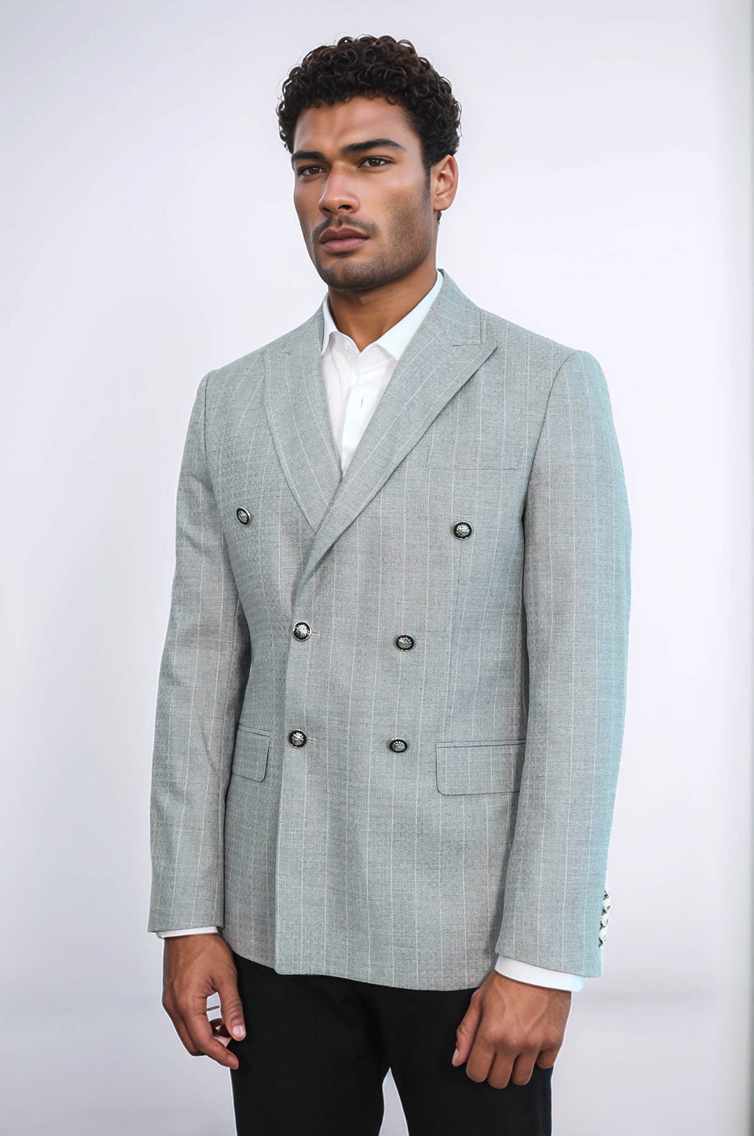 Blazer da uomo grigio a righe slim fit doppio petto - Wessi