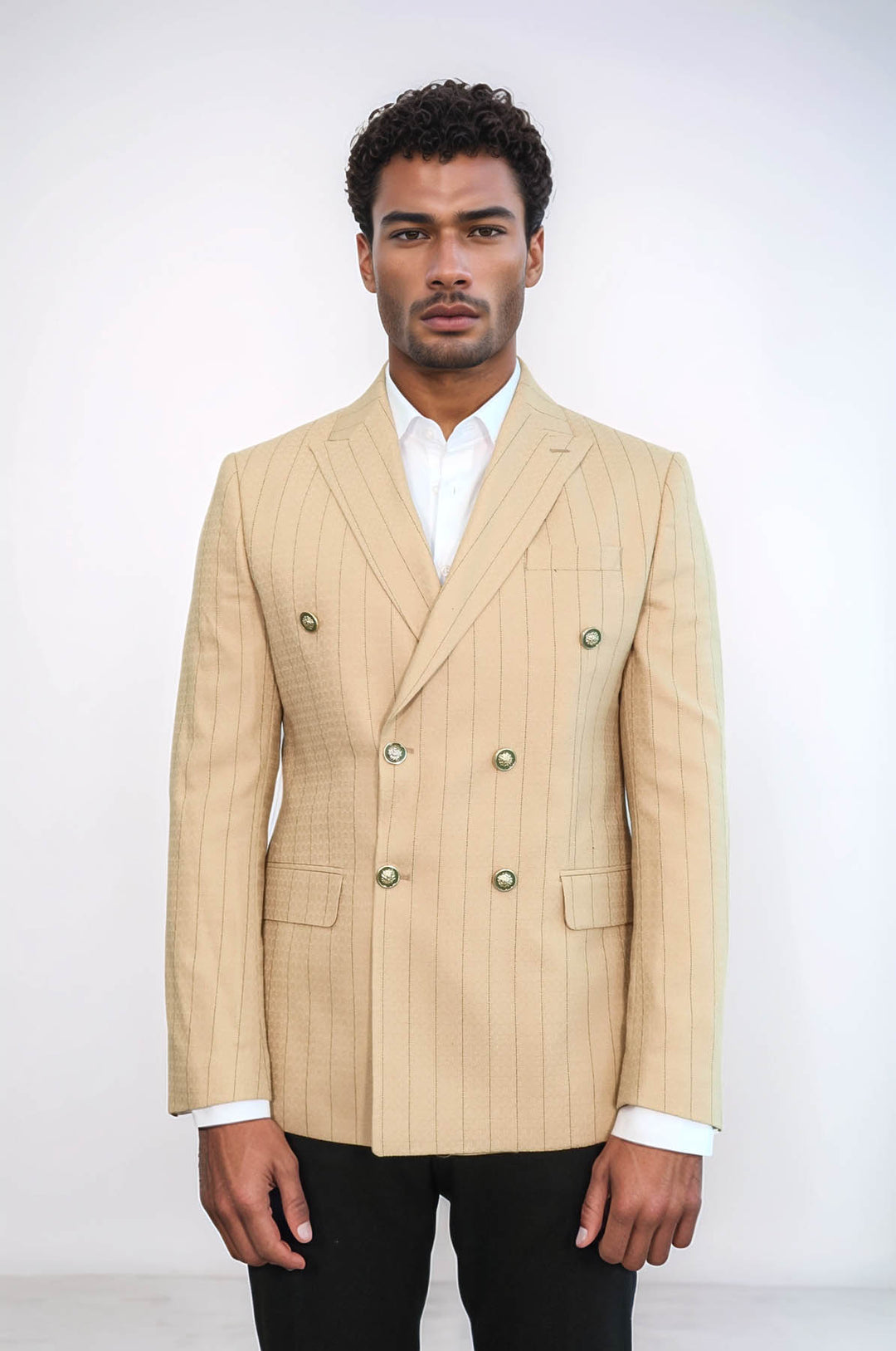 Blazer de hombre color crema con doble botonadura y corte slim a rayas - Wessi