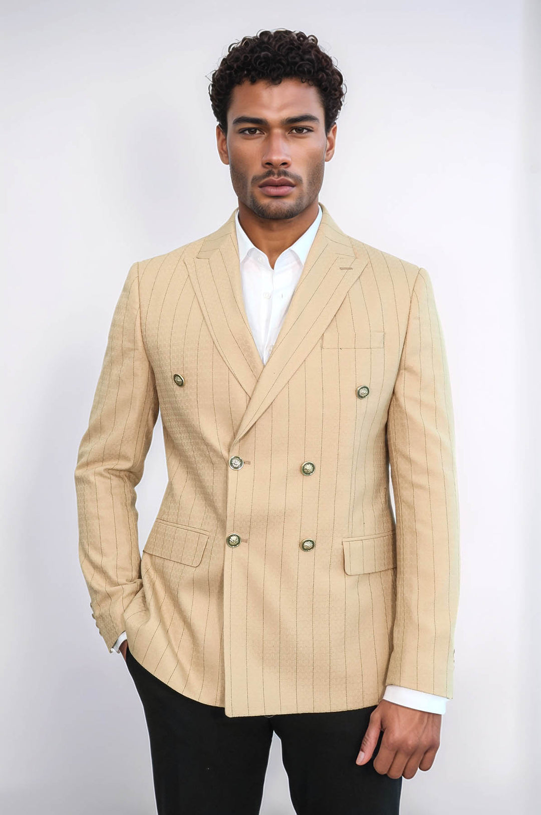 Blazer de hombre color crema con doble botonadura y corte slim a rayas - Wessi
