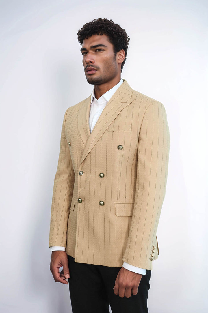 Blazer de hombre color crema con doble botonadura y corte slim a rayas - Wessi