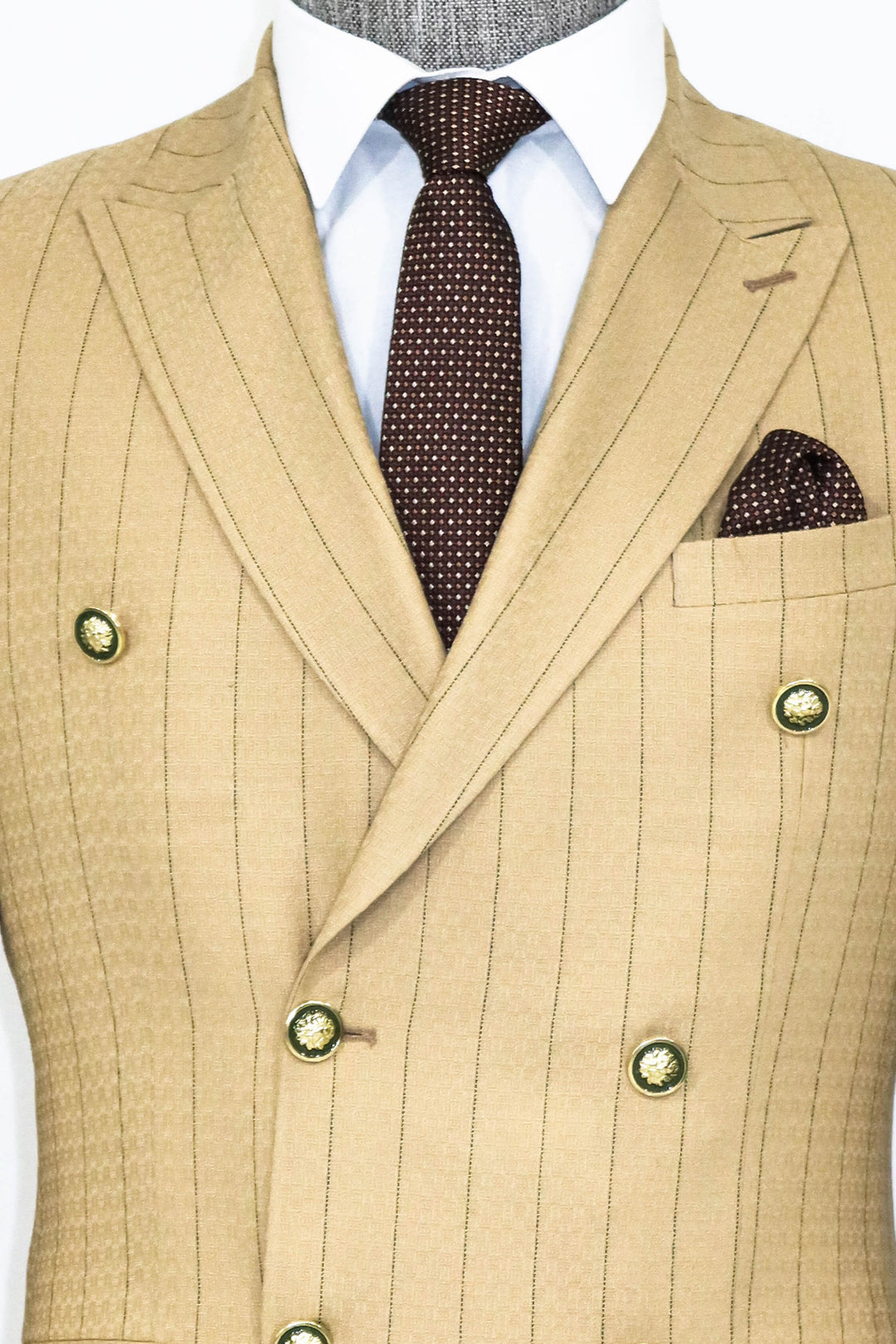 Double Breasted Slim Fit Striped Cream Men Blazer and Trousers Combination- Wessi