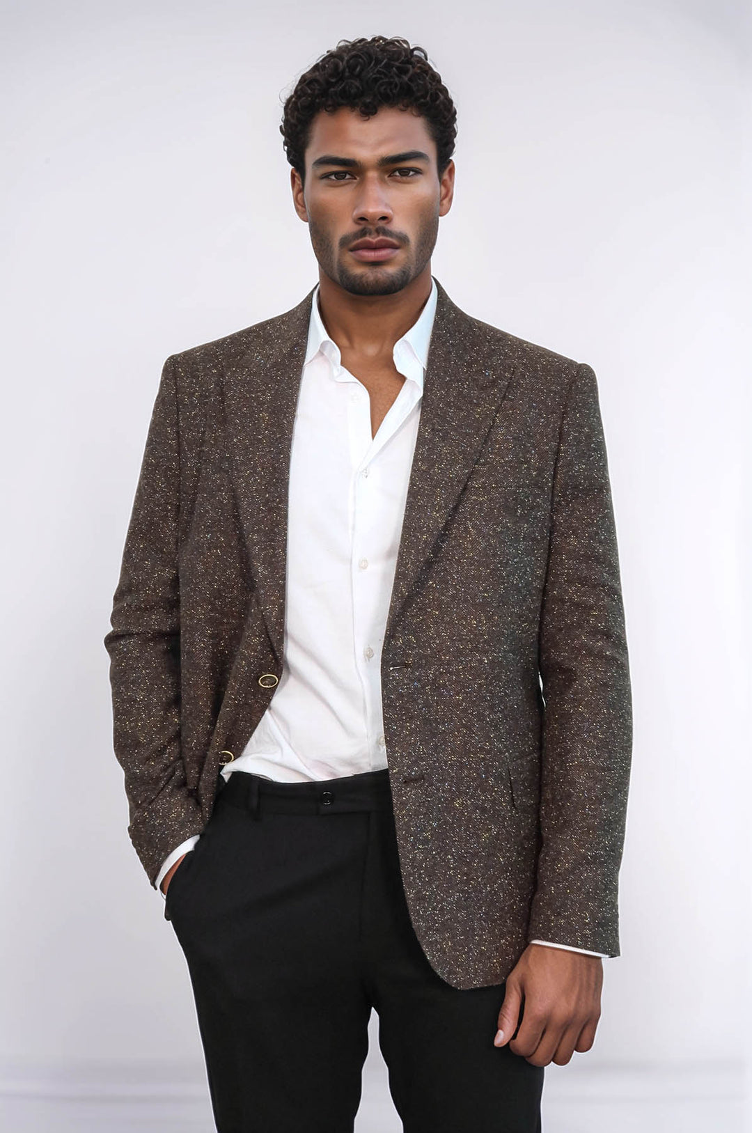 Коричневый мужской шерстяной пиджак с узором «гусиные лапки» — Wessi