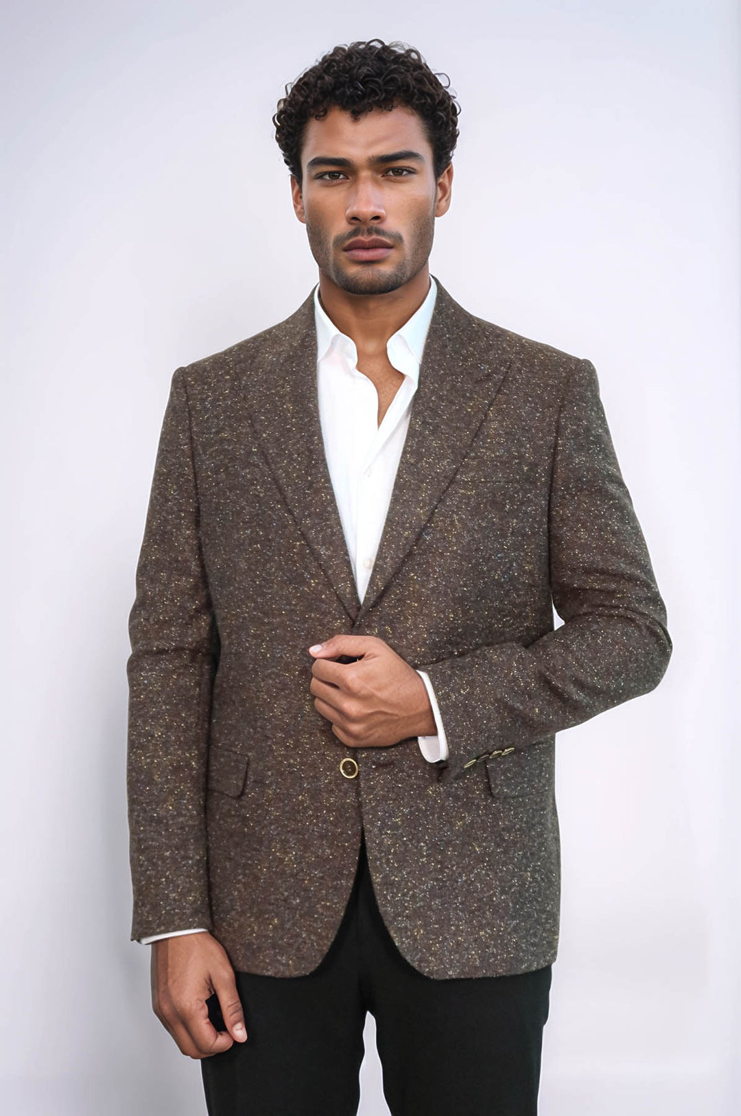 Коричневый мужской шерстяной пиджак с узором «гусиные лапки» — Wessi