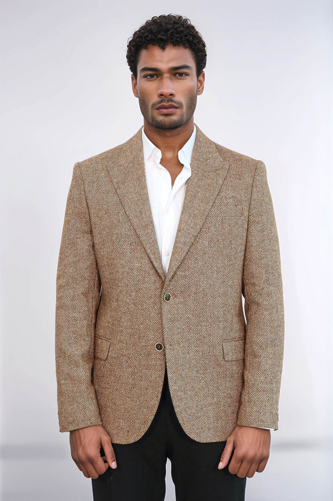 Houndstooth Pattern Wool Light Brown Men Blazer - Wessi