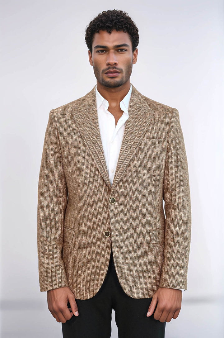 Houndstooth Pattern Wool Light Brown Men Blazer - Wessi