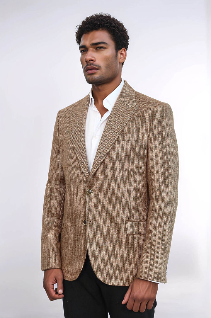 Houndstooth Pattern Wool Light Brown Men Blazer - Wessi
