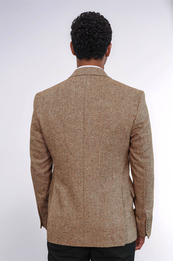 Houndstooth Pattern Wool Light Brown Men Blazer - Wessi