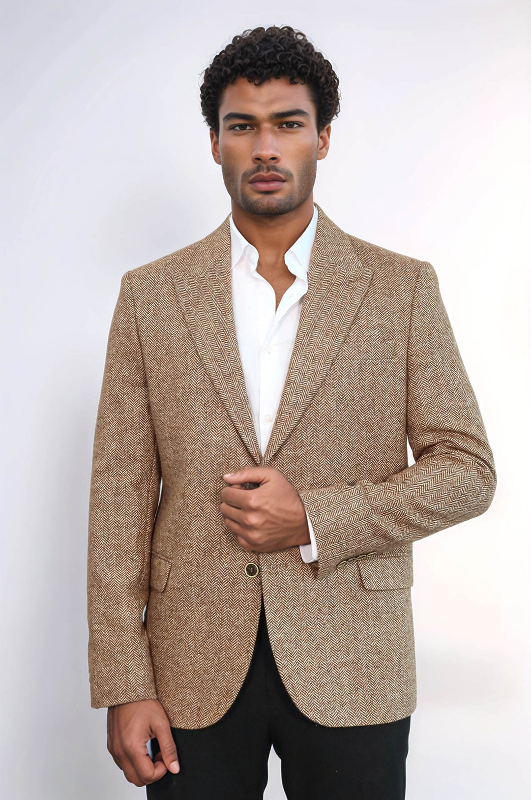 Houndstooth Pattern Wool Light Brown Men Blazer - Wessi