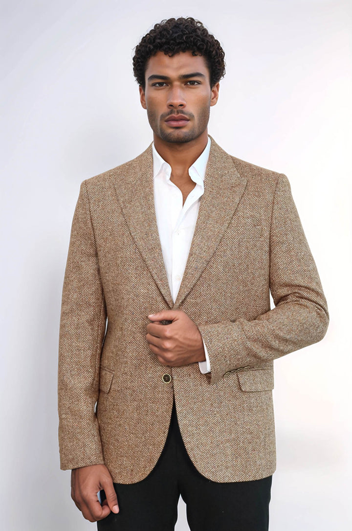 Houndstooth Pattern Wool Light Brown Men Blazer - Wessi