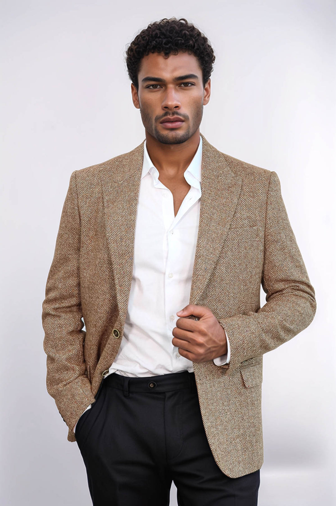 Houndstooth Pattern Wool Light Brown Men Blazer - Wessi