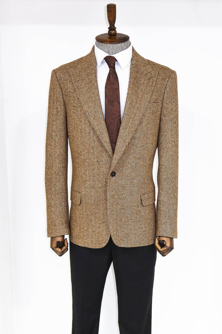 Houndstooth Pattern Wool Light Brown Men Blazer and Trousers Combunation - Wessi