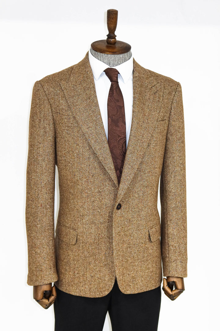 Houndstooth Pattern Wool Light Brown Men Blazer and Trousers Combunation - Wessi