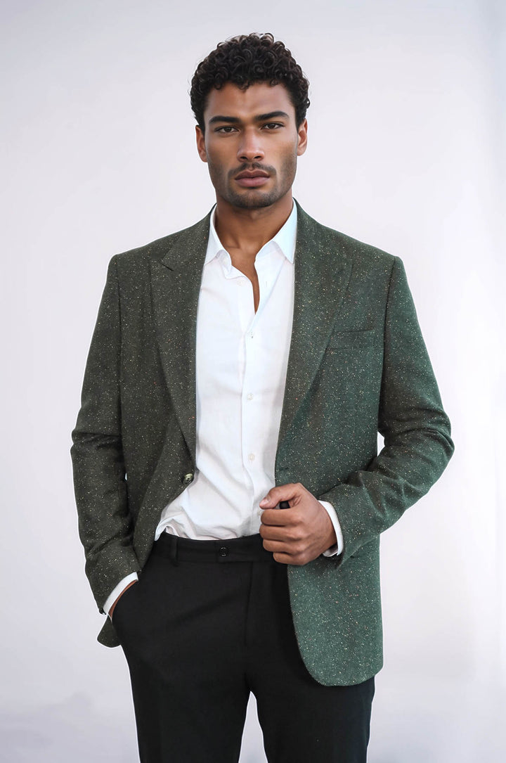 Houndstooth Pattern Wool Green Men Blazer - Wessi