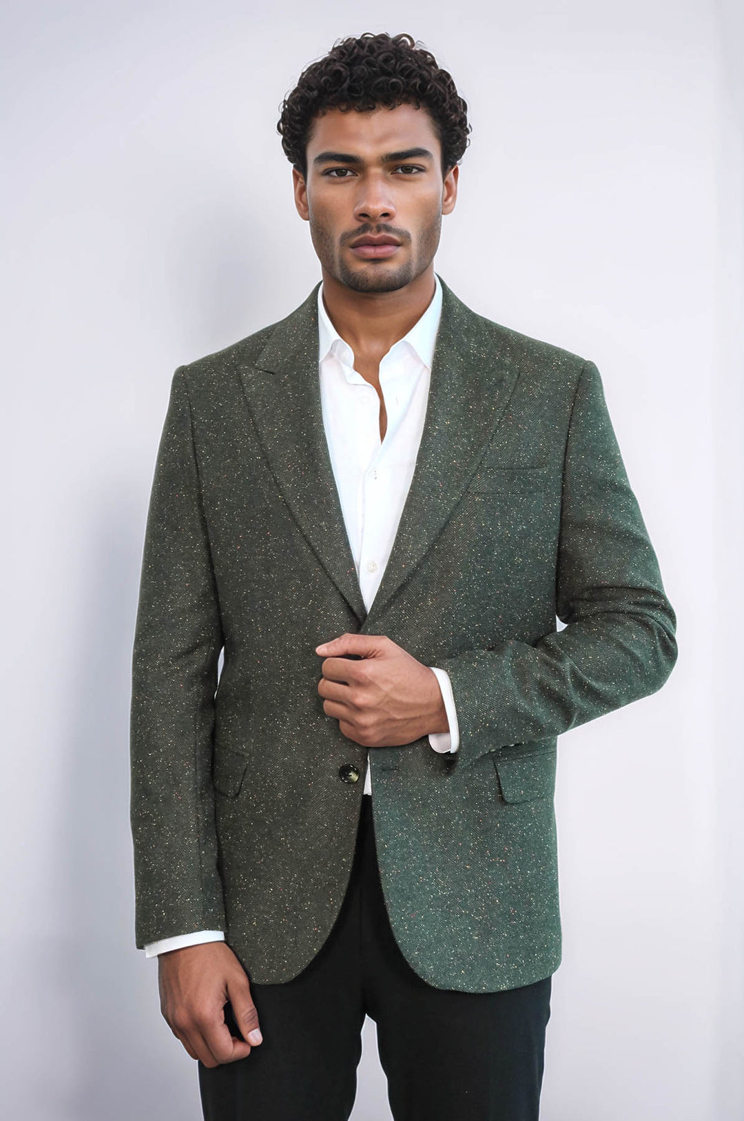 Houndstooth Pattern Wool Green Men Blazer - Wessi