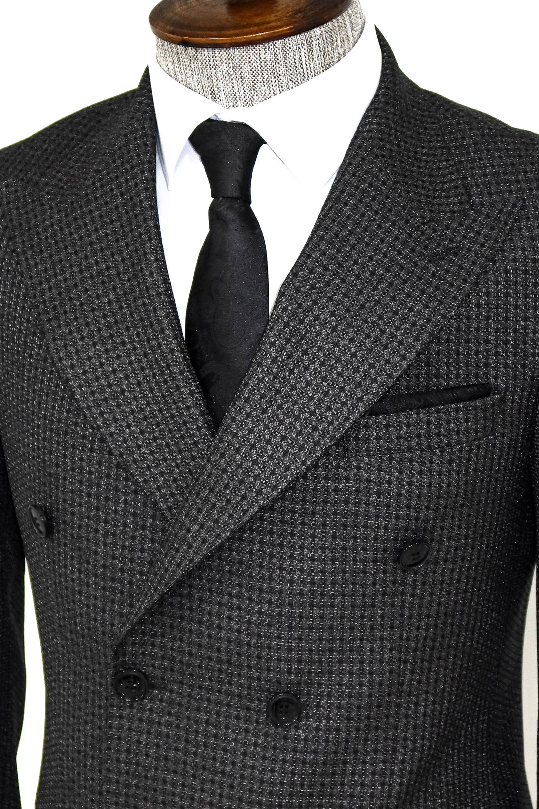 Houndstooth Patterned Grey Men Double Breasted Blazer and Trousers Combination- Wessi