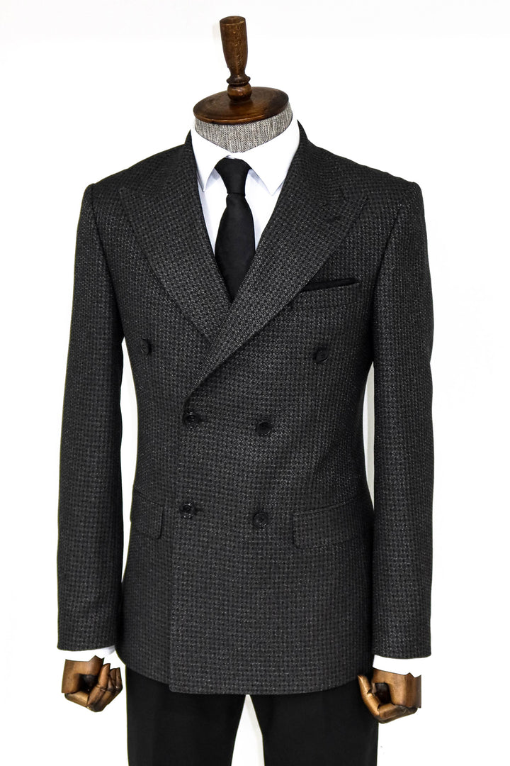 Houndstooth Patterned Grey Men Double Breasted Blazer and Trousers Combination- Wessi