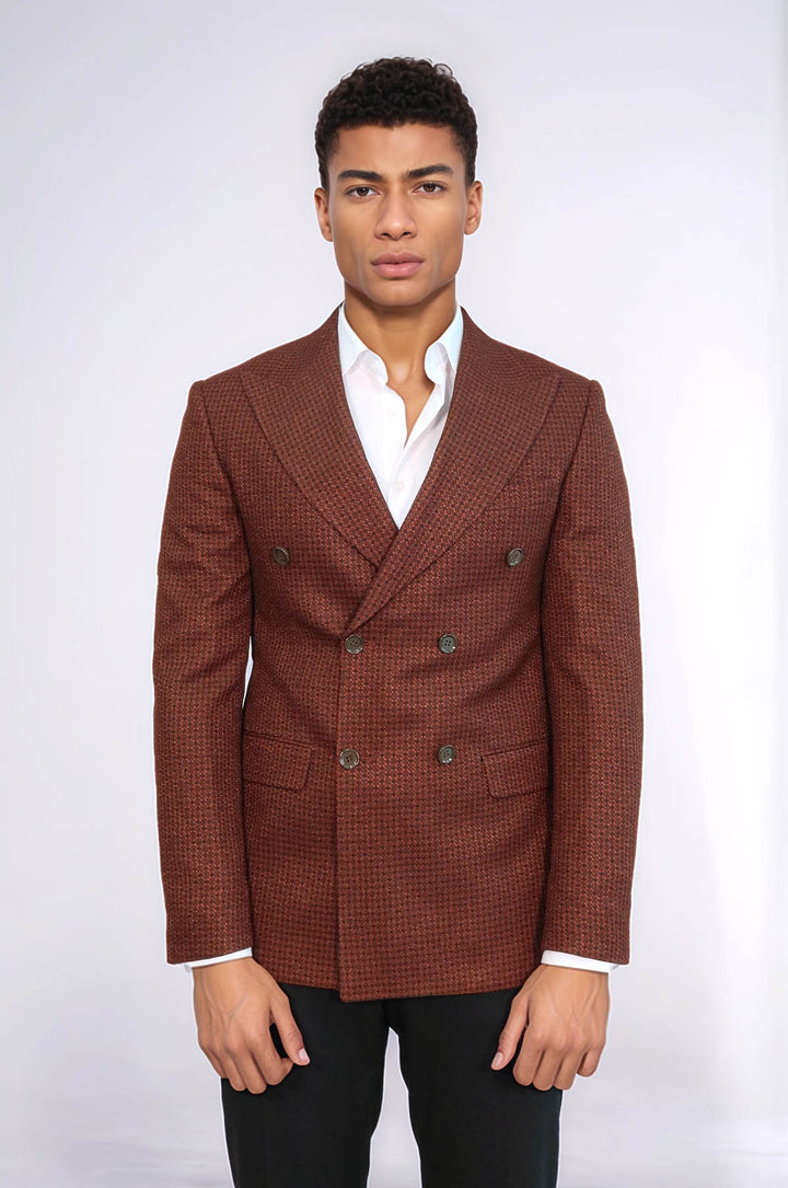 Houndstooth Patterned Brown Men Double Breasted Blazer - Wessi