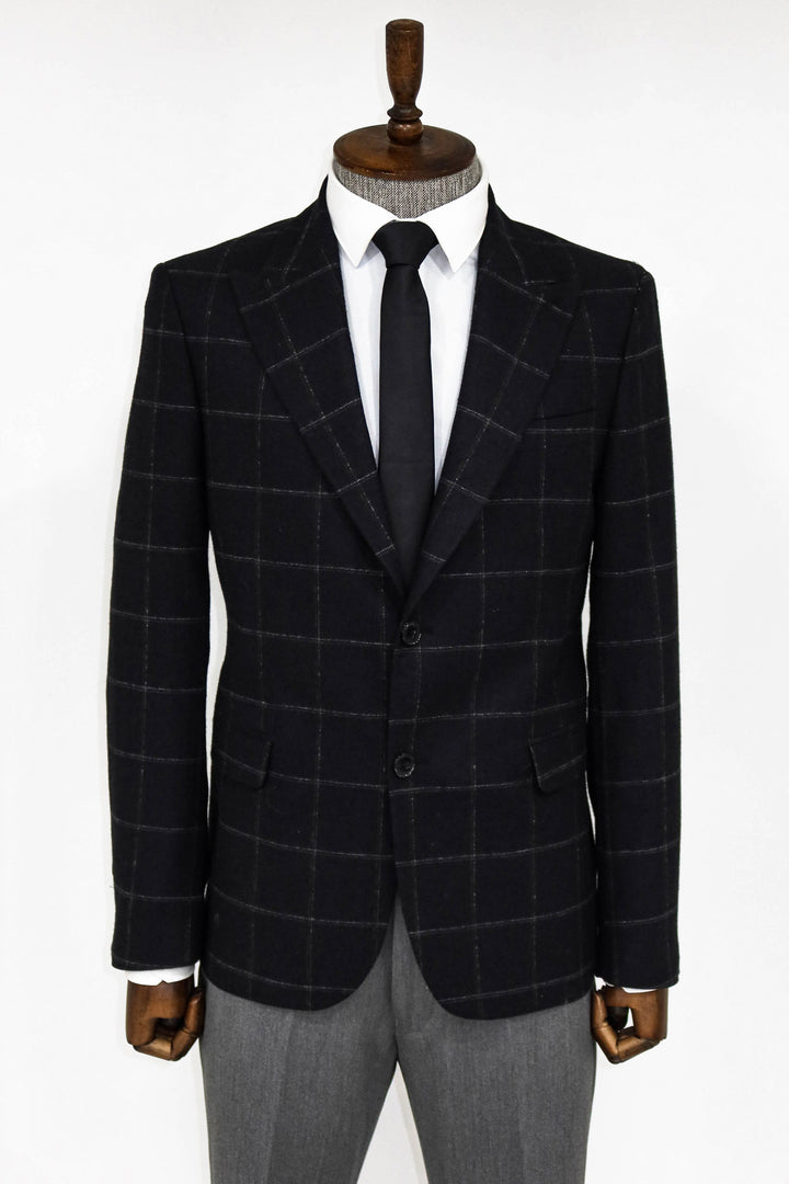 Plaid Wool Black Men Blazer and Trousers Combination - Wessi