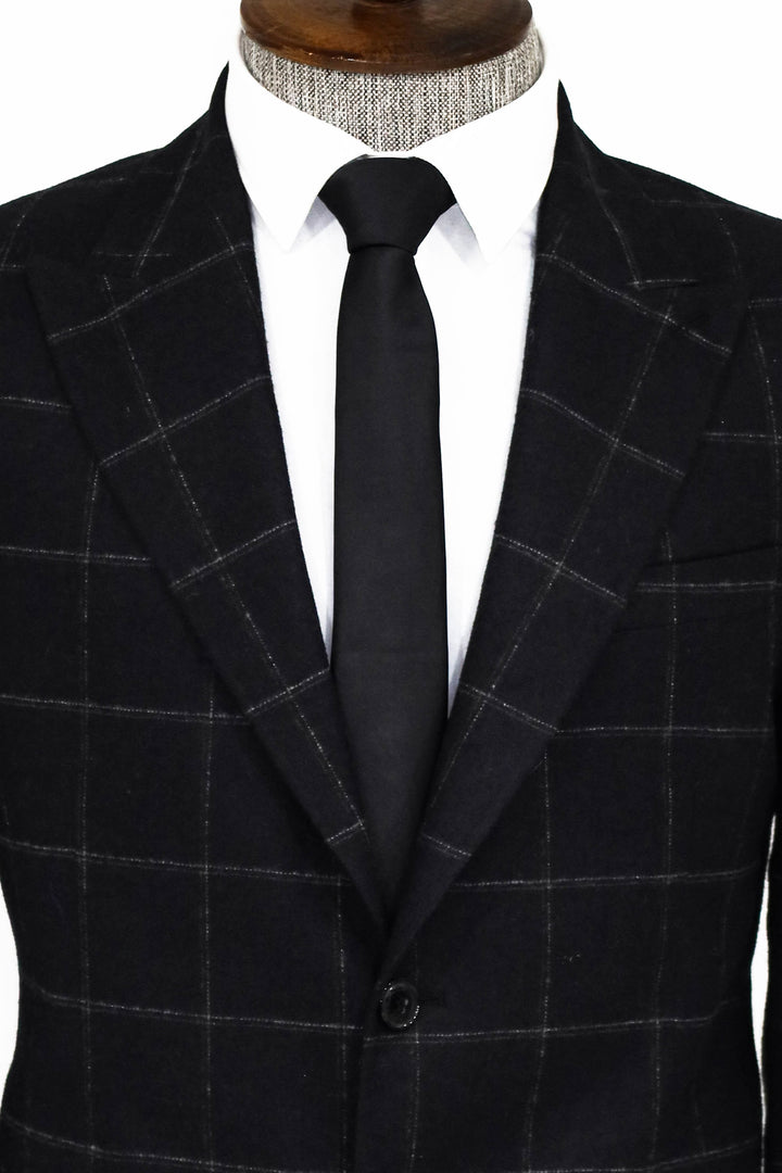 Plaid Wool Black Men Blazer and Trousers Combination - Wessi