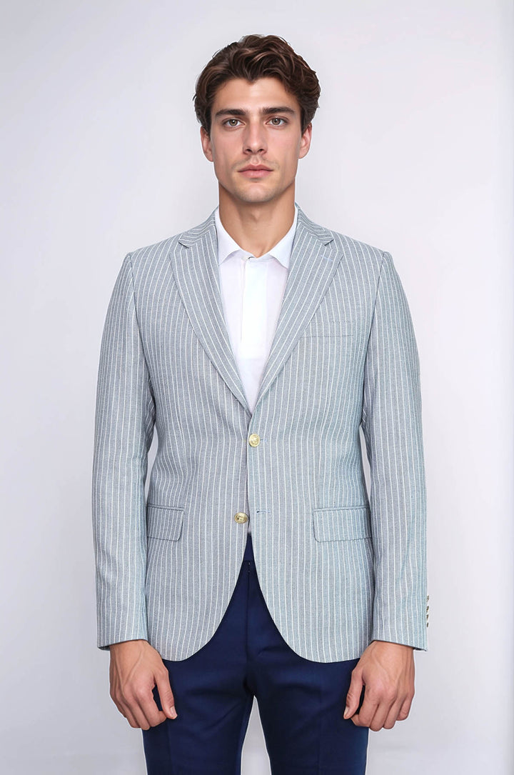 Light Blue Striped Linen Gold Metal Button Slim Fit Men's Blazer Jacket - Wessi