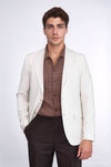 Cream Striped Linen Gold Metal Button Slim Fit Men's Blazer Jacket - Wessi