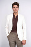 Ecru Striped Linen Gold Metal Button Slim Fit Men's Blazer Jacket - Wessi