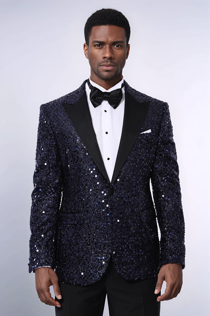 Navy Blue Sequin Patterned Party Blazer | Wessi