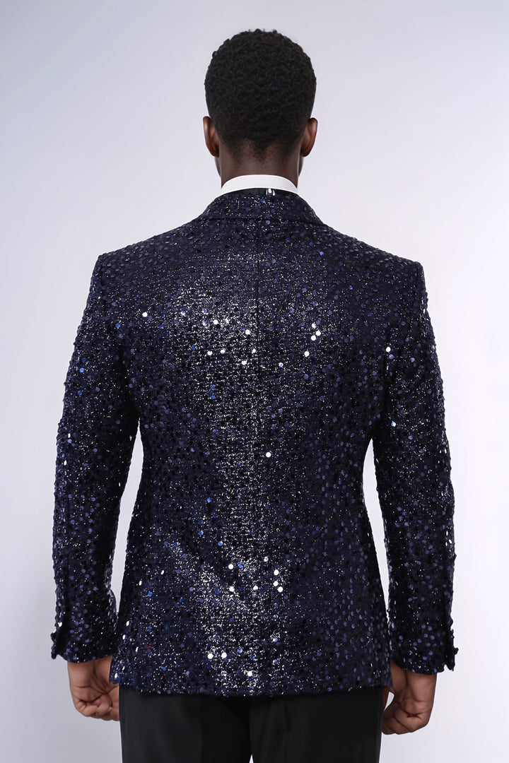 Navy Blue Sequin Patterned Party Blazer | Wessi