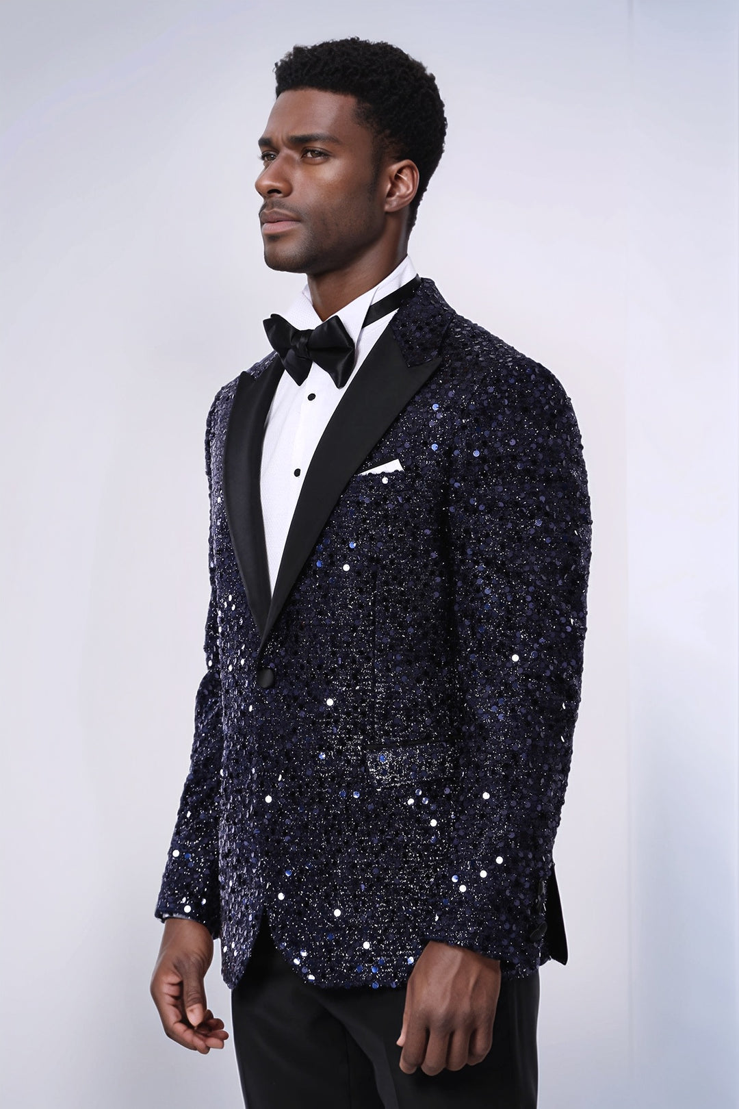 Navy Blue Sequin Patterned Party Blazer | Wessi
