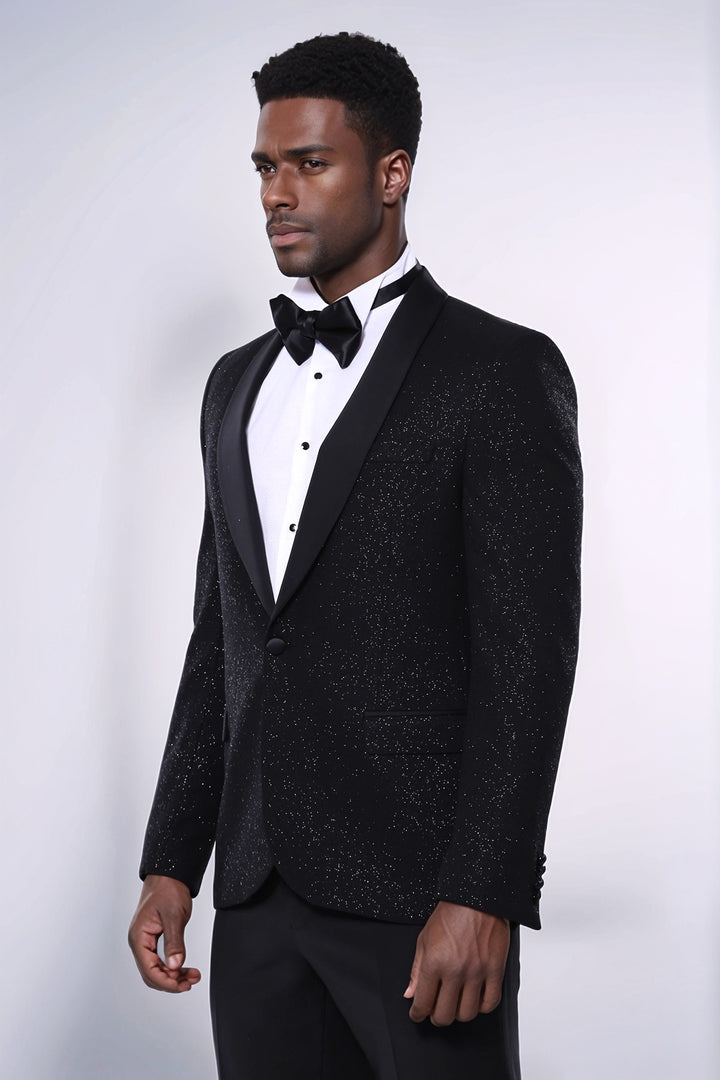 Blazer de fiesta para hombre negro brillante con solapa chal - Wessi