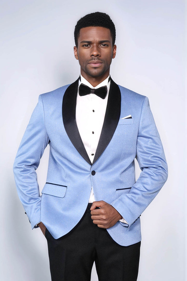 Shawl Lapel Sky Blue Men Wedding Groom Blazer - Wessi