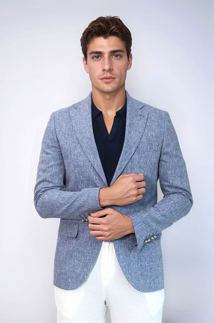Dark Blue Textured Linen-Feel Gold Metal Button Slim Fit Men's Blazer Jacket - Wessi